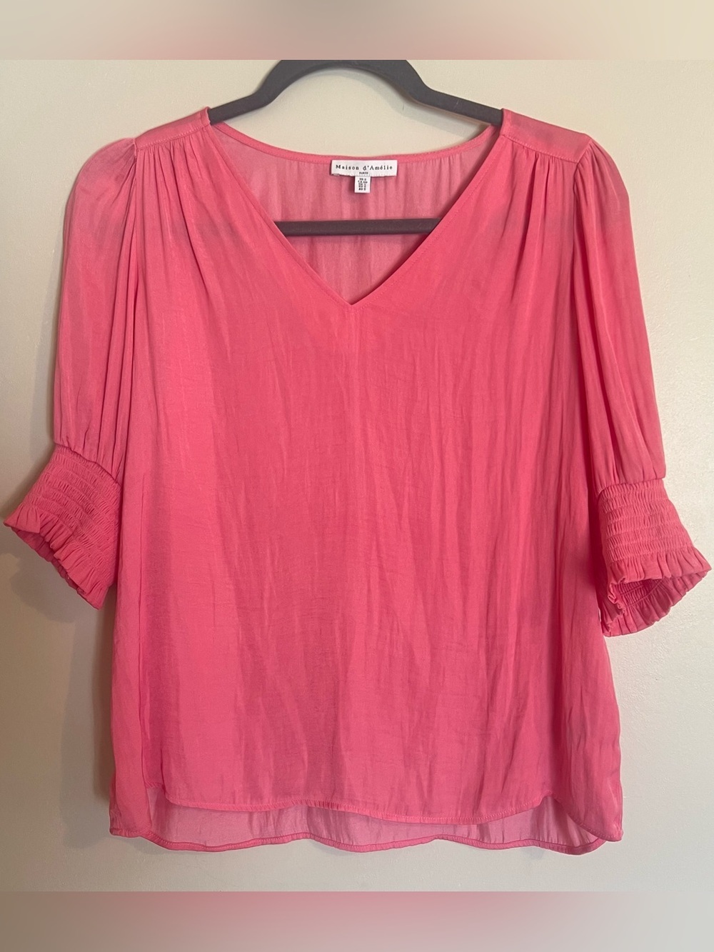 Maison D’Amelie Women’s Coral V-Neck Blouse with Smocked Sleeves